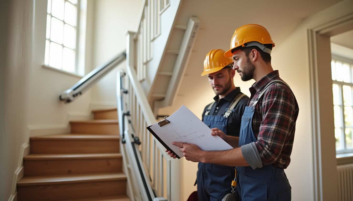 Artisans qualifiés en train de consulter un devis pour un monte-escalier à Toulenne