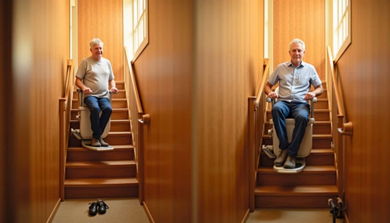 Avant et après l’installation d’un monte-escalier dans une maison à Juvigny les Vallées