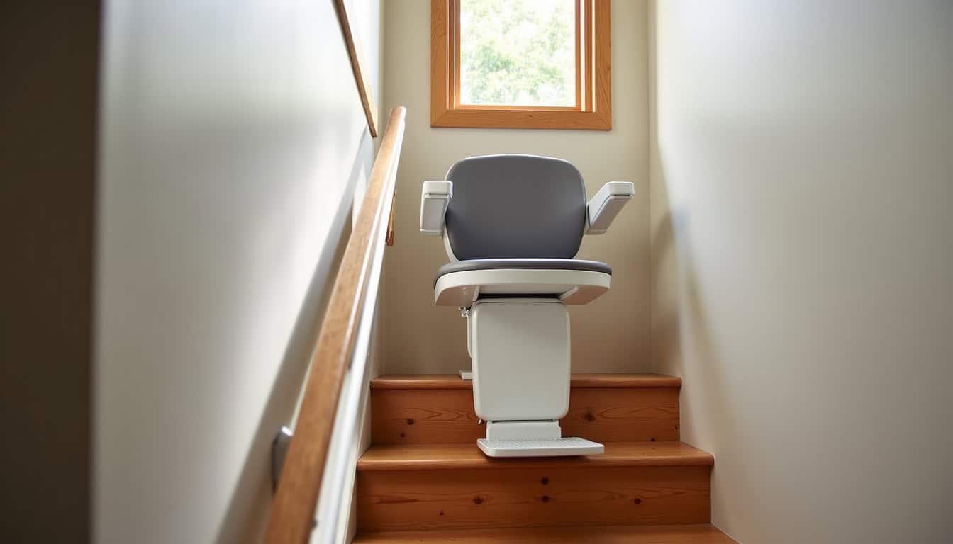 Chaise élévatrice murale installée dans un escalier étroit à Vervins