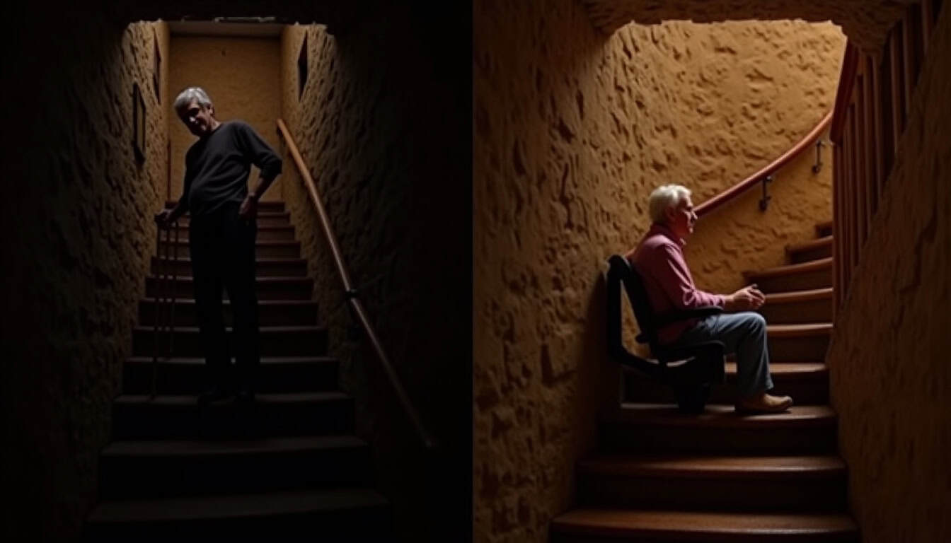 Comparaison avant et après installation d’un monte-escalier tournant dans une maison ancienne