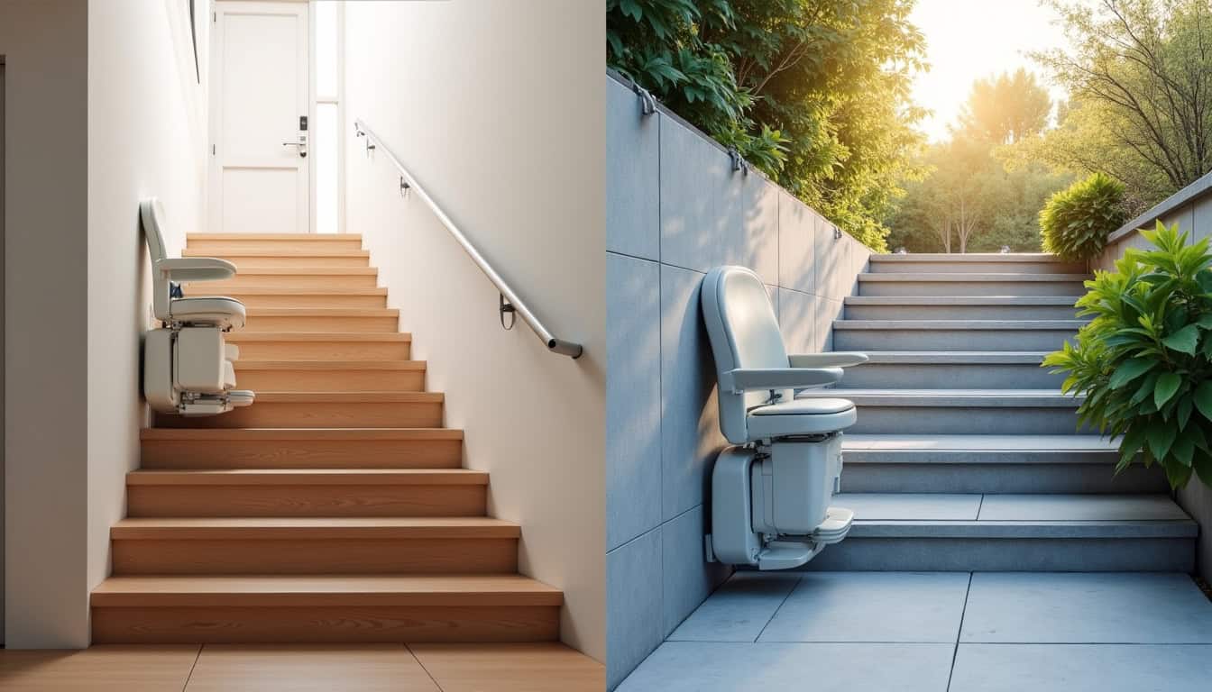 Comparaison entre un monte-escalier intérieur et un modèle extérieur installé sur une terrasse