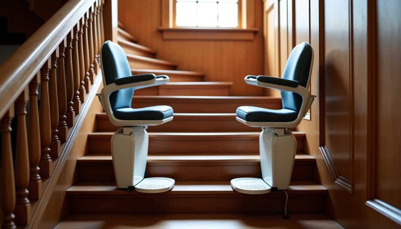 Comparaison entre un monte-escalier neuf et un modèle reconditionné dans un intérieur ancien
