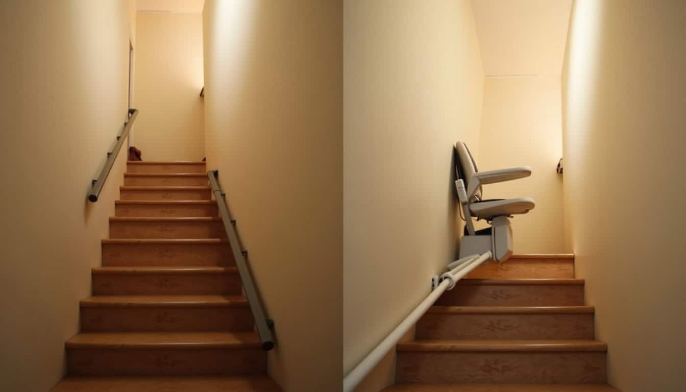 Comparaison visuelle avant et après l’installation d’un monte-escalier dans une maison à Dry
