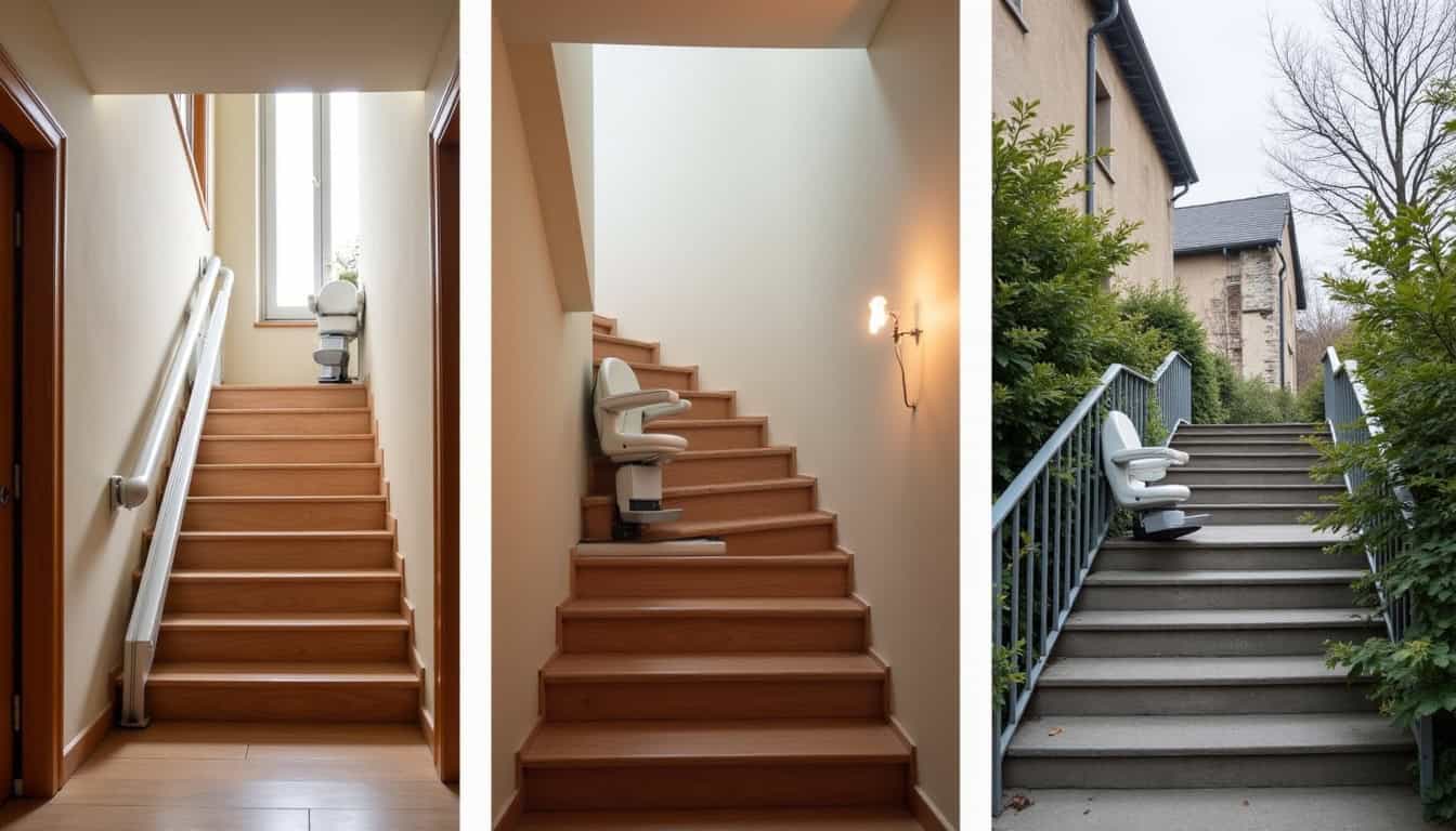 Comparaison visuelle des différents types de monte-escaliers: droit, tournant et extérieur, installés dans des habitations typiques de Saint-Denis-lès-Bourg