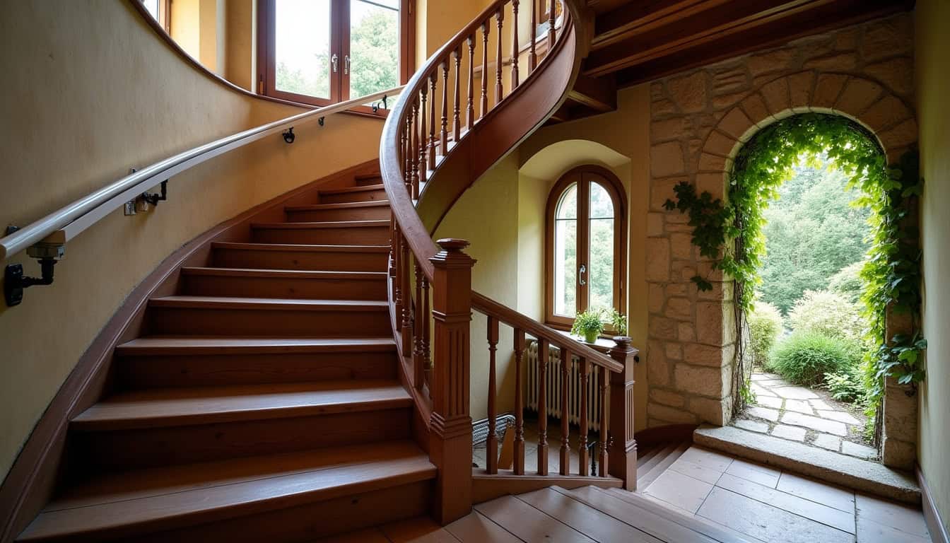 Comparaison visuelle des différents types de monte-escaliers: droit, tournant et extérieur, installés dans une habitation ancienne de Montrichard Val de Cher