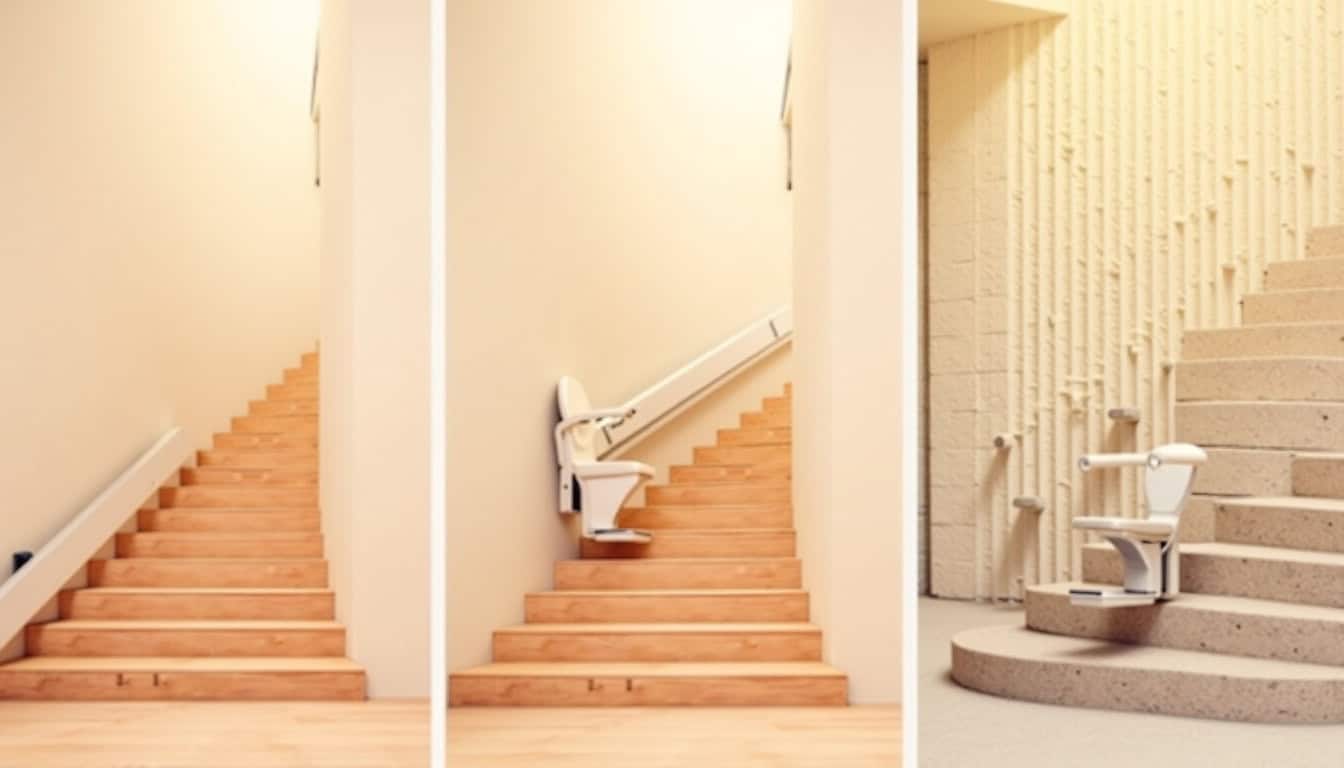 Comparaison visuelle des différents types de monte-escaliers: droit, tournant et extérieur