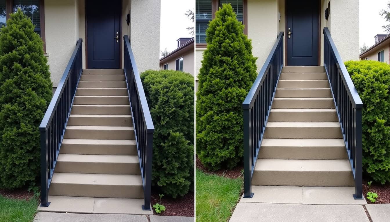 Comparaison visuelle entre un accès extérieur difficile et le même lieu équipé d’un monte-escalier extérieur