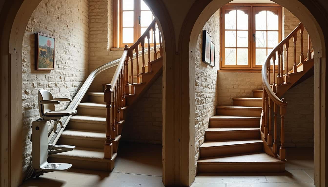 Comparaison visuelle entre un monte-escalier droit et un modèle tournant installés dans une maison ancienne