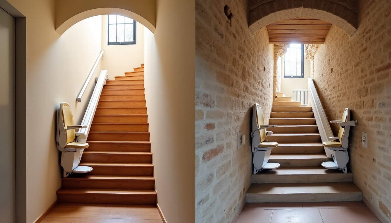 Comparaison visuelle entre un monte-escalier droit et un monte-escalier courbe installés dans des foyers types