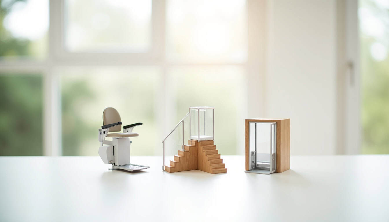 Comparaison visuelle entre un monte-escalier, une plateforme élévatrice et un mini-ascenseur dans un intérieur à Beaumont-de-Pertuis