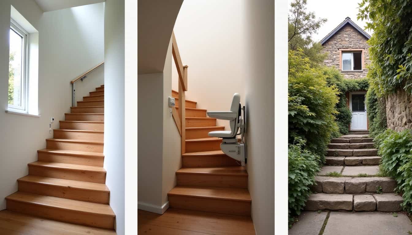 Comparatif visuel des différents types de monte-escaliers: droit, tournant et extérieur à Coutances