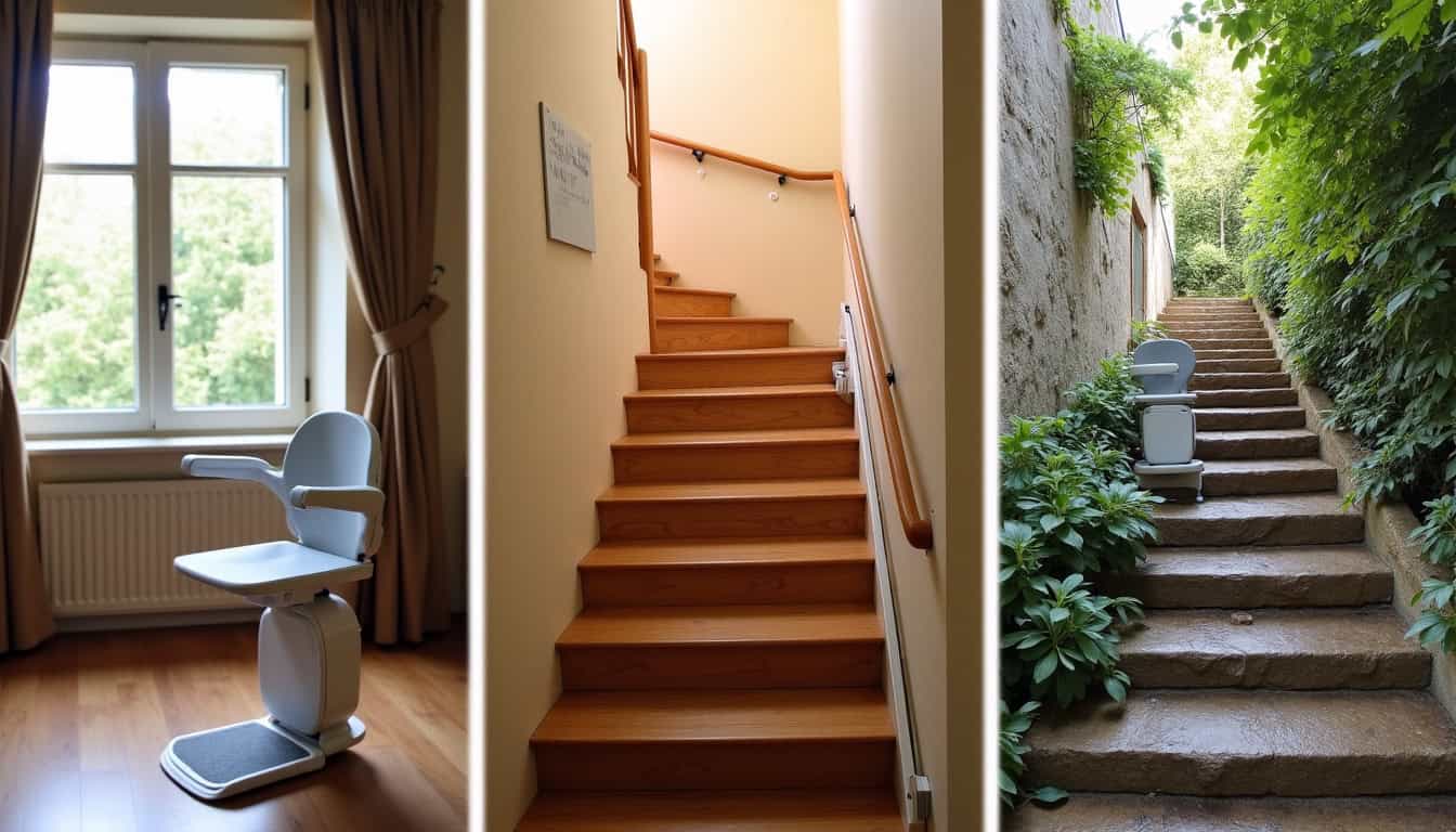 Comparatif visuel des différents types de monte-escaliers: droit, tournant et extérieur, installés dans des habitations typiques de Basse-Goulaine