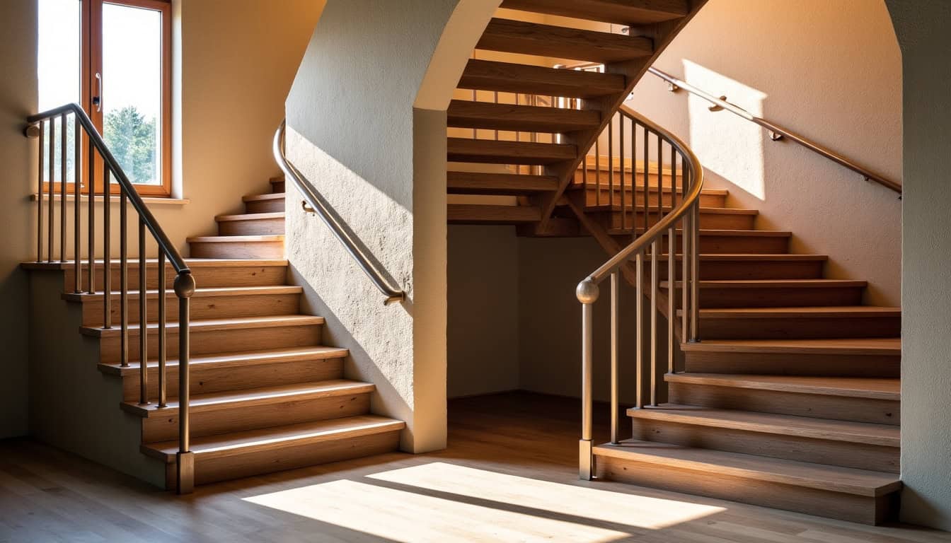 Comparatif visuel entre un monte-escalier droit et un modèle tournant installé dans des maisons du Lot