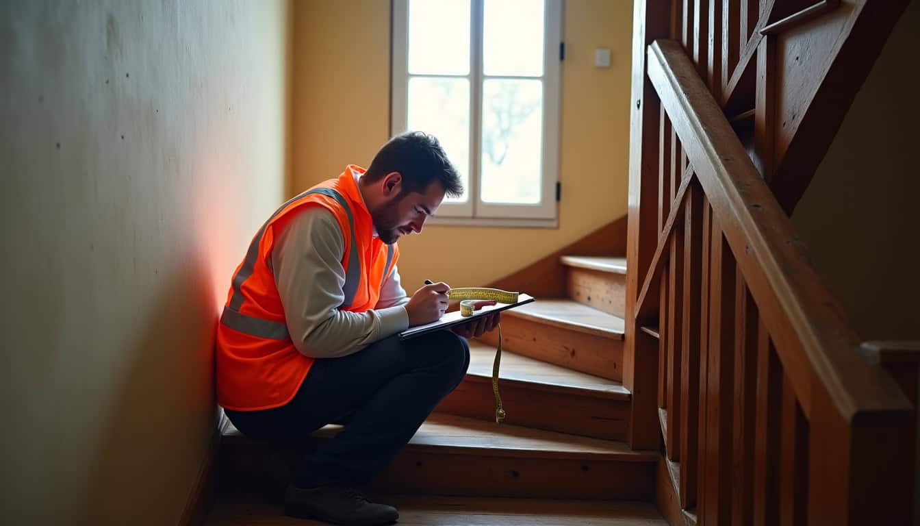 Conseiller en train de prendre des mesures sur un escalier pour un devis personnalisé