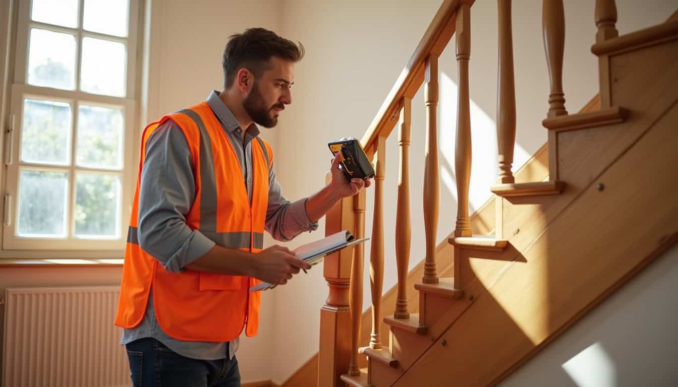 Conseiller technique en train de mesurer un escalier à Lasseube pour un devis personnalisé