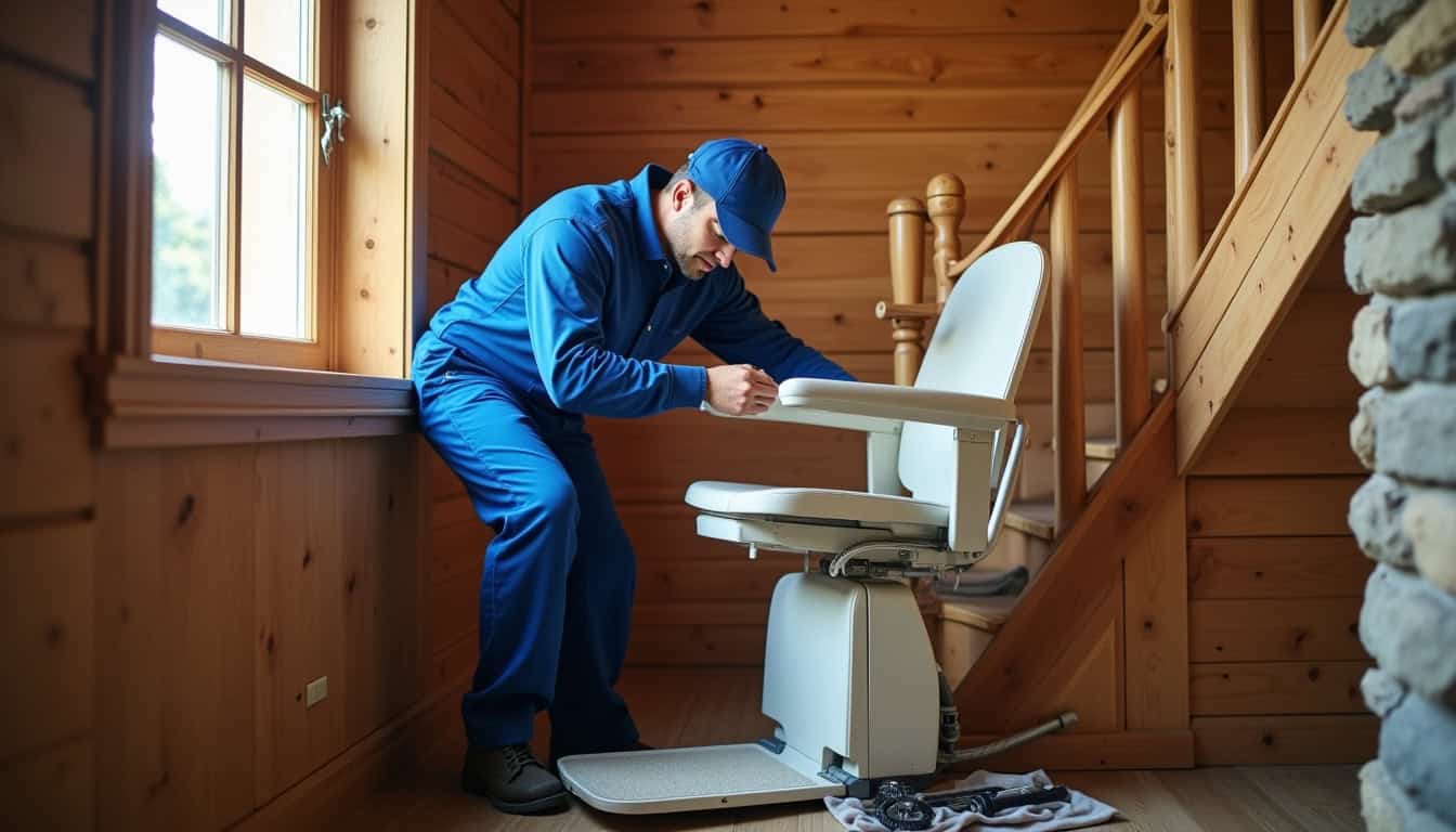 Contrôle d’un monte-escalier reconditionné par un technicien à Myans