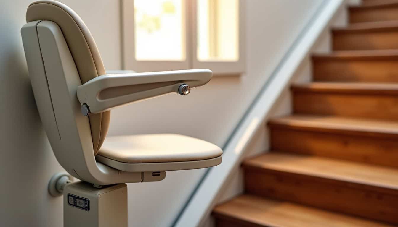 Détail du siège pivotant d’un monte-escalier installé dans une maison à Cauterets