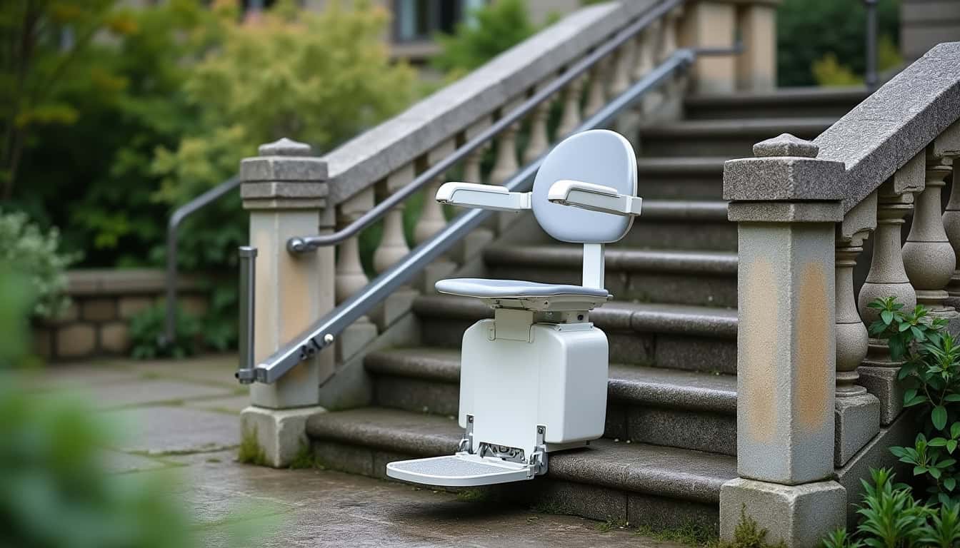Différents modèles de monte-escalier extérieur installés à La Celle, montrant une plateforme inclinée et un siège motorisé adapté aux intempéries