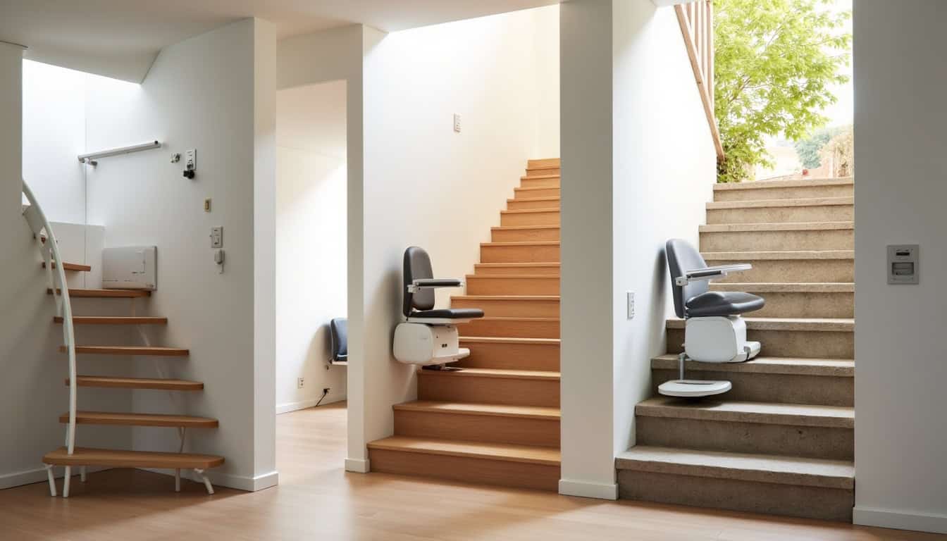 Différents modèles de monte-escalier installés dans un intérieur, illustrant les solutions droite, tournante et extérieure