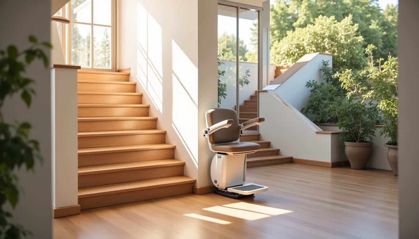 Différents modèles de monte-escalier installés dans une maison à Mamirolle: droit, tournant et extérieur