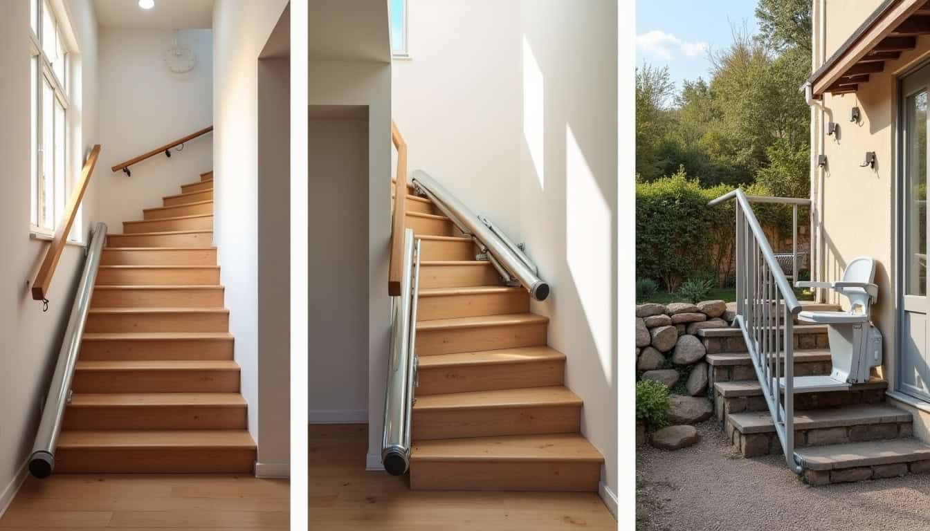 Différents modèles de monte-escaliers: droit, tournant et extérieur installés dans une maison type de Commelle-Vernay