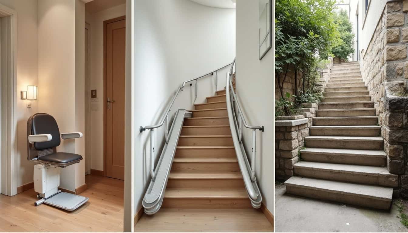 Différents modèles de monte-escaliers installés à Aix-les-Bains: droit, courbe et extérieur