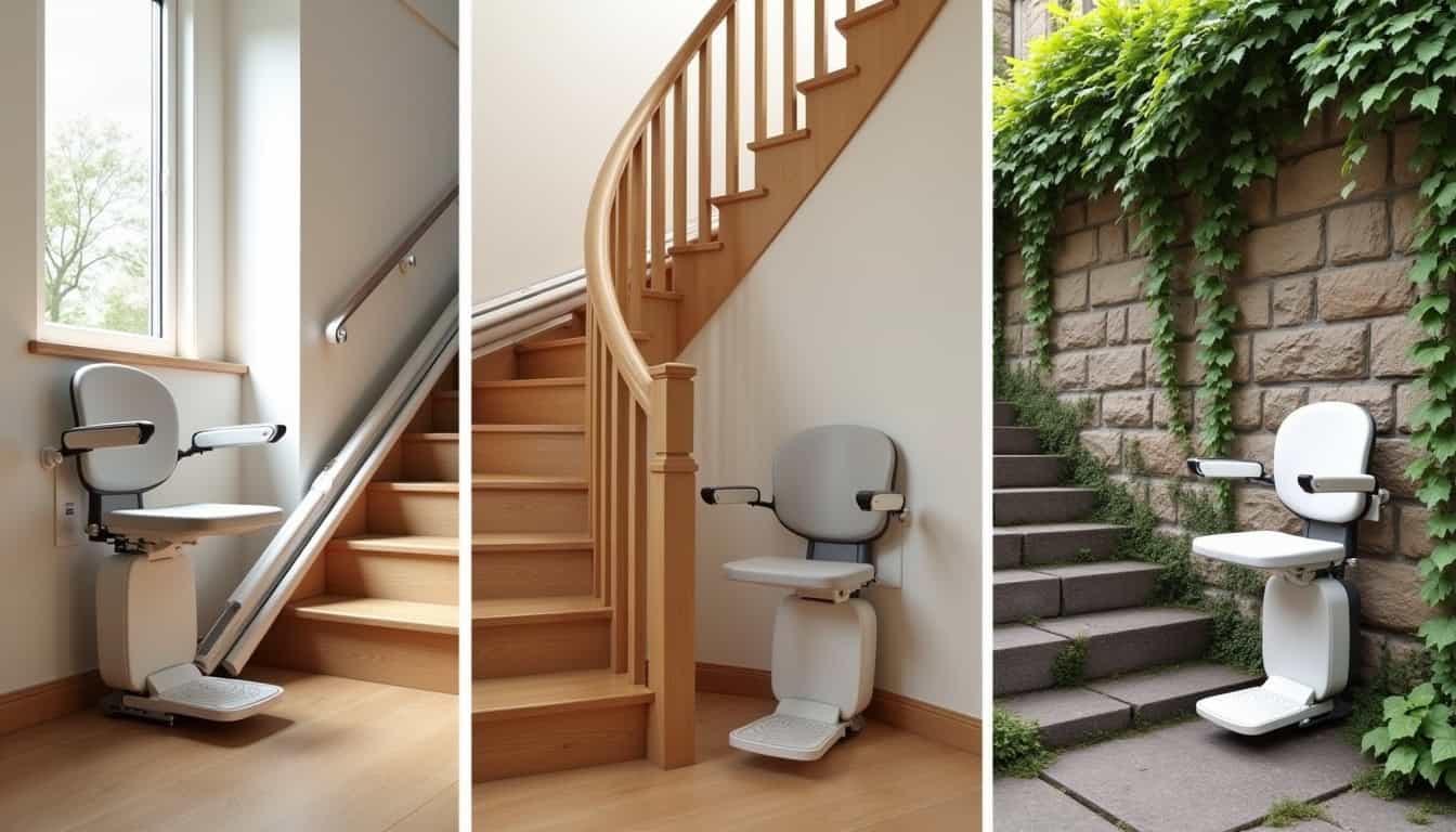 Différents modèles de monte-escaliers installés à Estrées: droit, tournant et extérieur