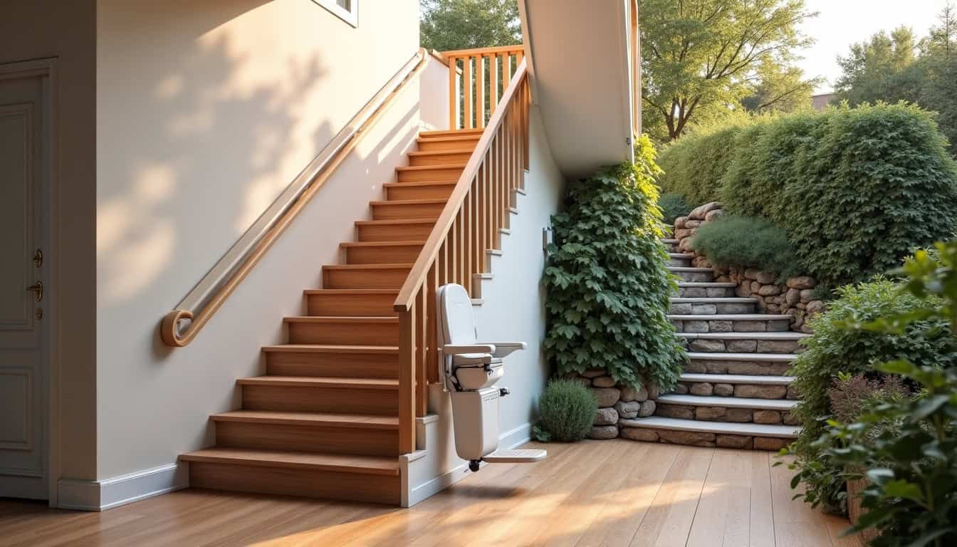 Différents modèles de monte-escaliers installés à La Genétouze: droit, tournant et extérieur