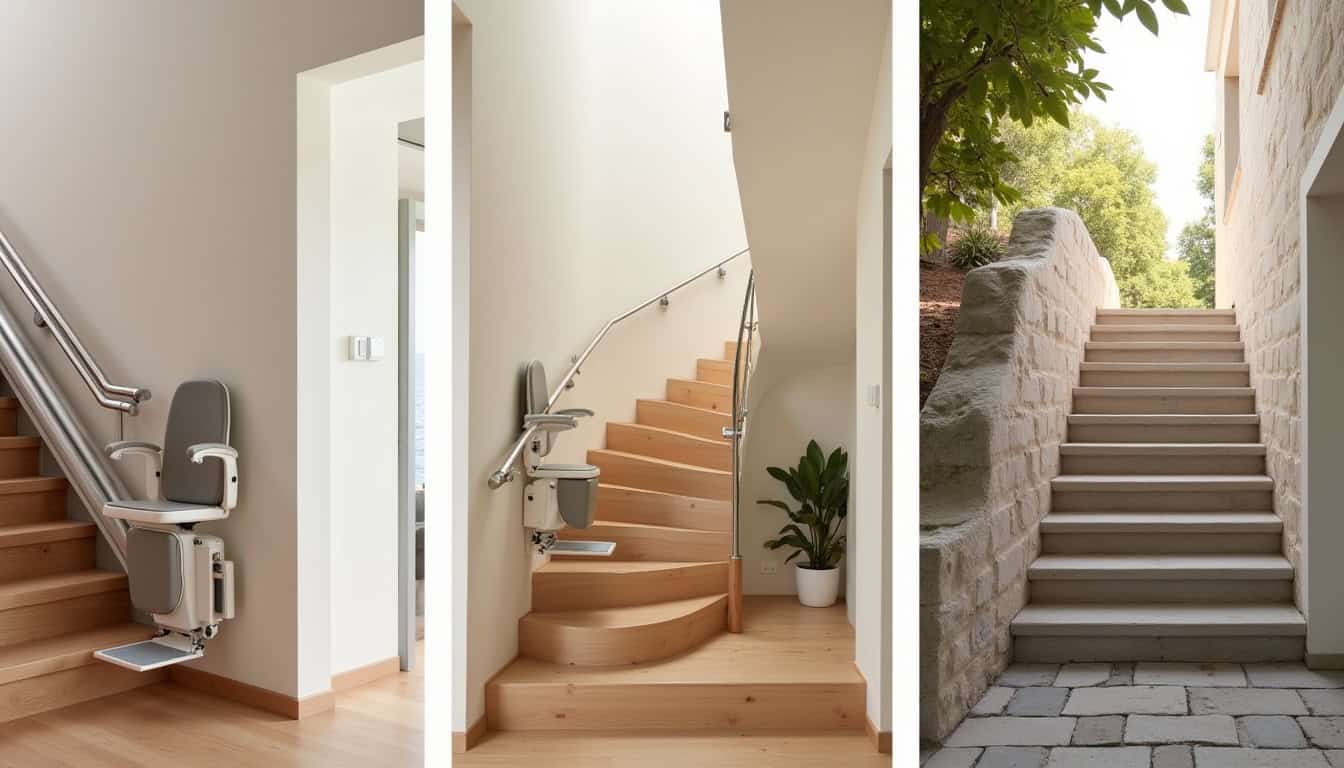 Différents modèles de monte-escaliers installés à Roussillon: droit, tournant, extérieur