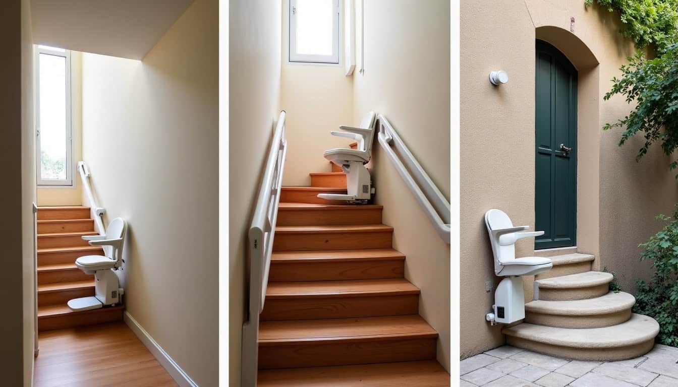 Différents modèles de monte-escaliers installés dans des habitations à Dax: droit, courbe et extérieur