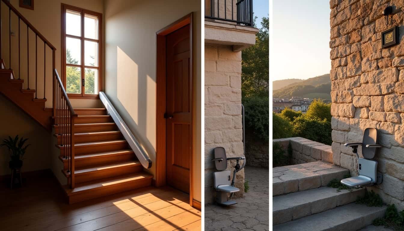 Différents modèles de monte-escaliers installés dans des maisons d’Avallon, montrant un modèle droit, un tournant et un extérieur