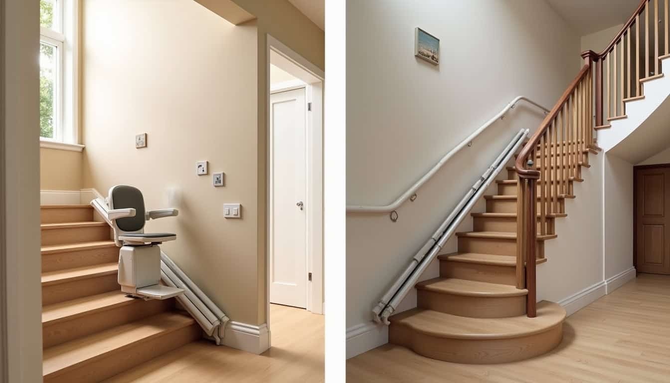 Différents modèles de monte-escaliers installés dans un escalier droit et un escalier tournant à Ucel