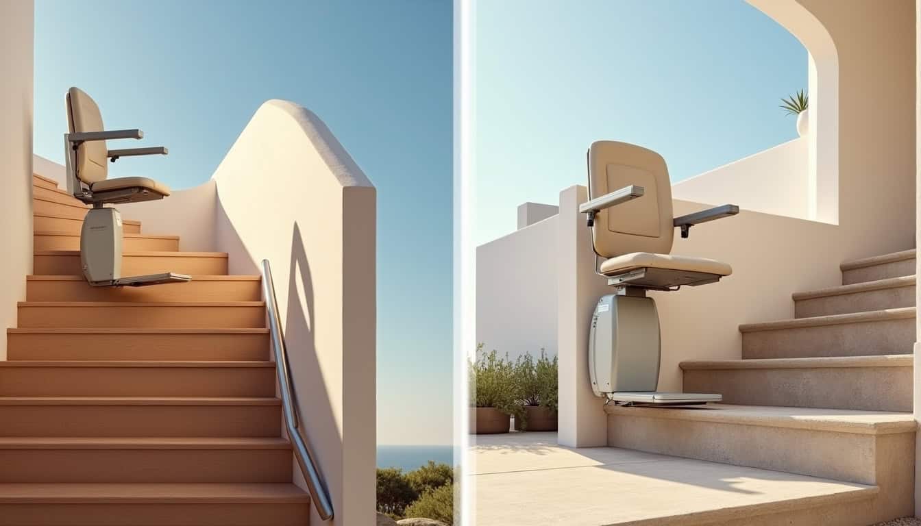 Différents modèles de monte-escaliers installés dans un escalier intérieur et extérieur à Porto-Vecchio