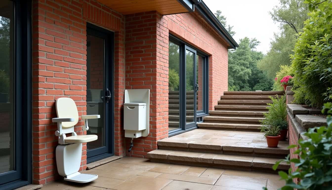 Différents modèles de monte-escaliers installés dans une maison de Winnezeele: droit, tournant et extérieur