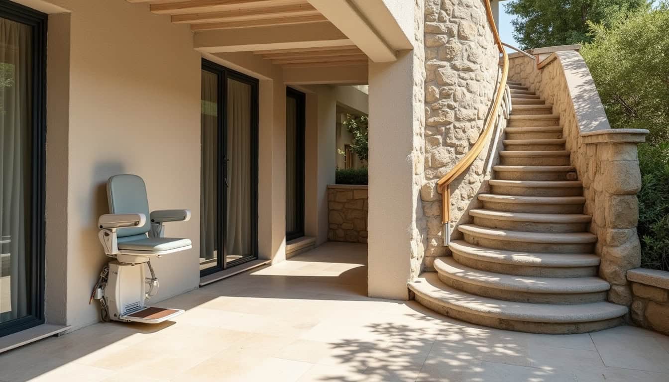 Différents types de monte-escalier installés dans une maison à Vallauris: modèle droit, tournant et extérieur