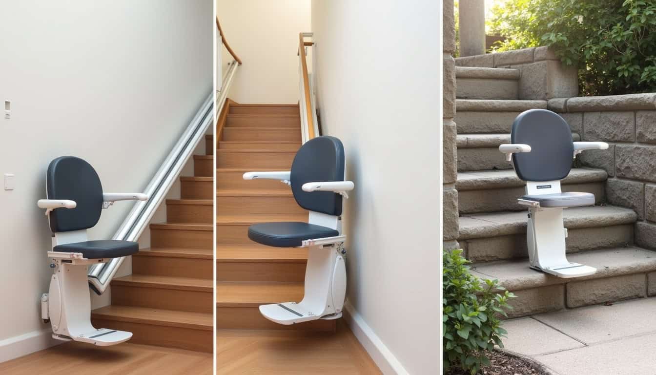 Différents types de monte-escaliers adaptés aux escaliers de Vitteaux: droit, tournant et extérieur