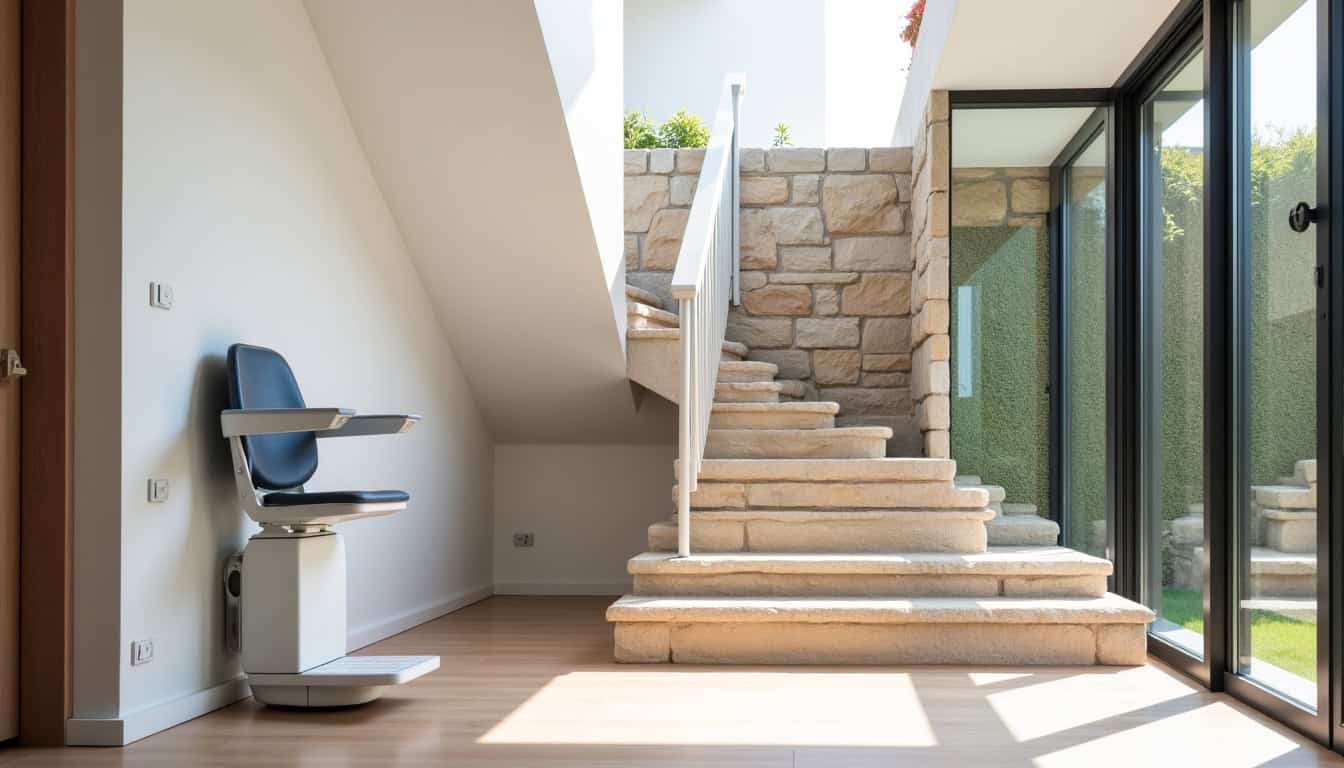 Différents types de monte-escaliers: droit, tournant et extérieur dans une habitation à Bais