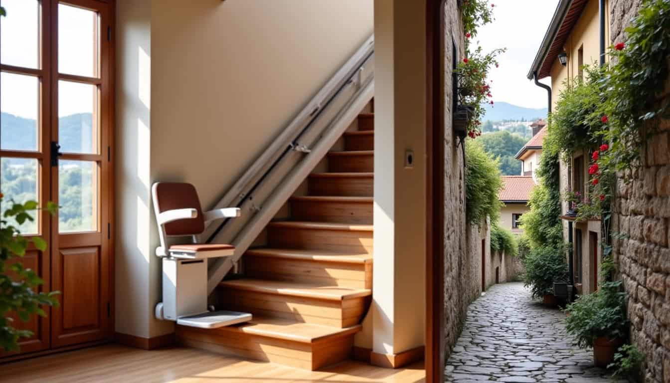 Différents types de monte-escaliers: droit, tournant et extérieur en situation réelle à Ribeauville