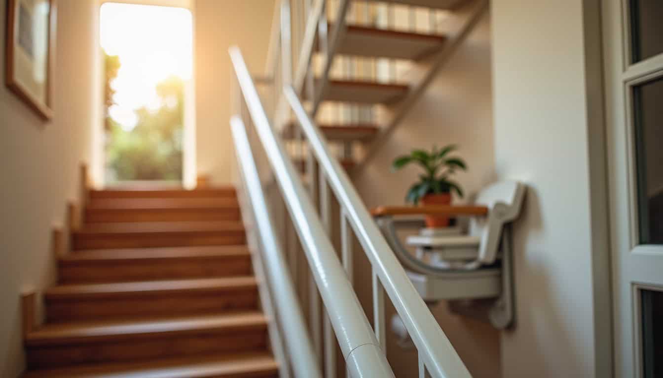 Différents types de monte-escaliers: droit, tournant et extérieur, en situation réelle