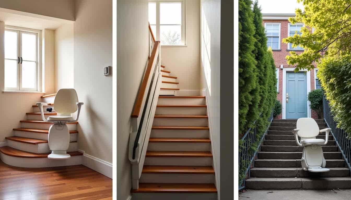 Différents types de monte-escaliers: droit, tournant et extérieur en situation réelle