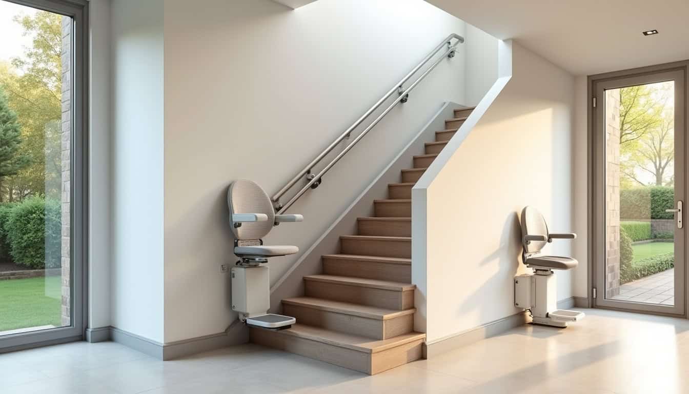 Différents types de monte-escaliers: droit, tournant et extérieur en situation