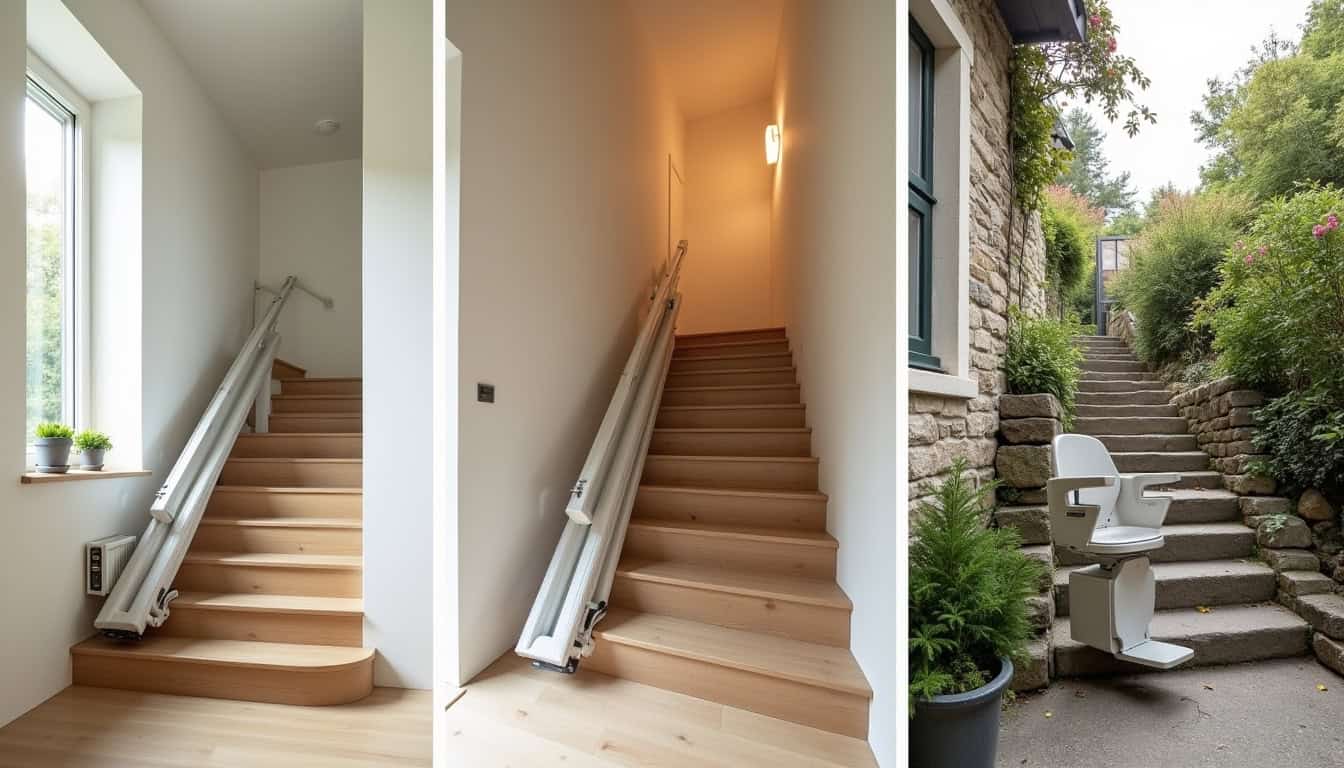 Différents types de monte-escaliers: droit, tournant et extérieur, illustrés dans un intérieur et un extérieur à Marboz