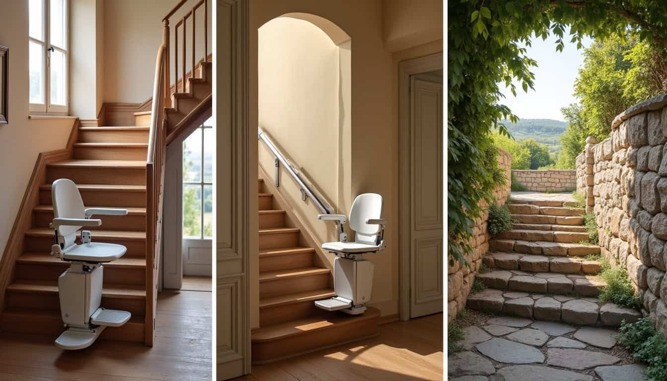 Différents types de monte-escaliers: droit, tournant et extérieur posés dans des habitations typiques de Gironde