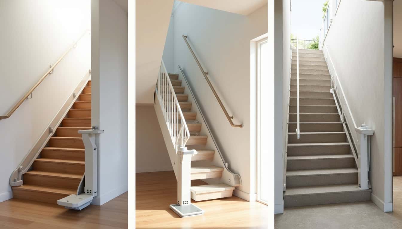 Différents types de monte-escaliers: droit, tournant et extérieur