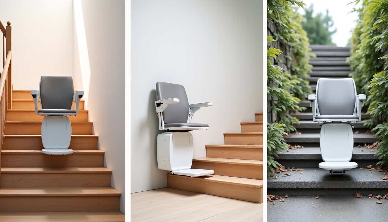 Différents types de monte-escaliers: droit, tournant, extérieur