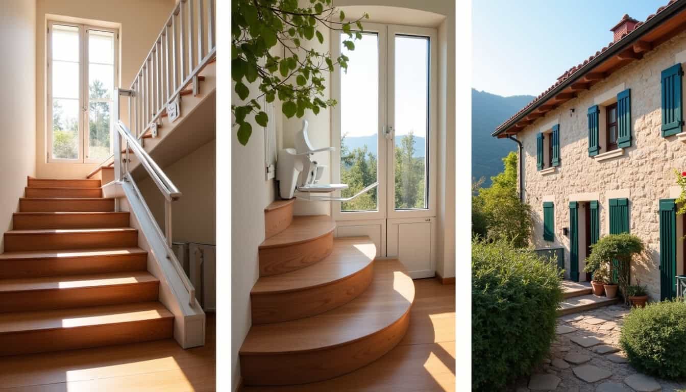 Différents types de monte-escaliers en situation: droit, courbe, extérieur