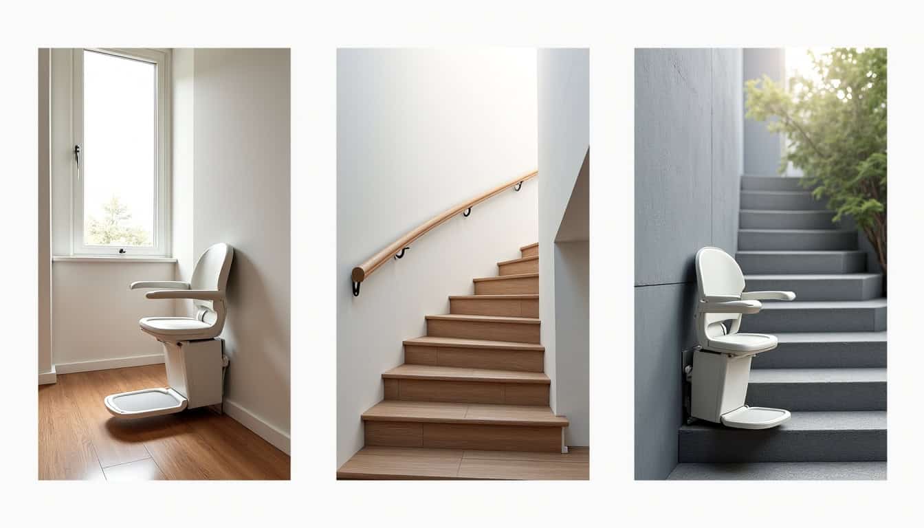 Différents types de monte-escaliers en situation: droit, tournant et extérieur