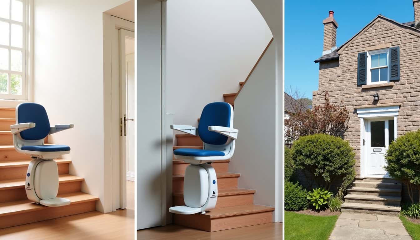 Différents types de monte-escaliers en situation: droit, tournant, extérieur