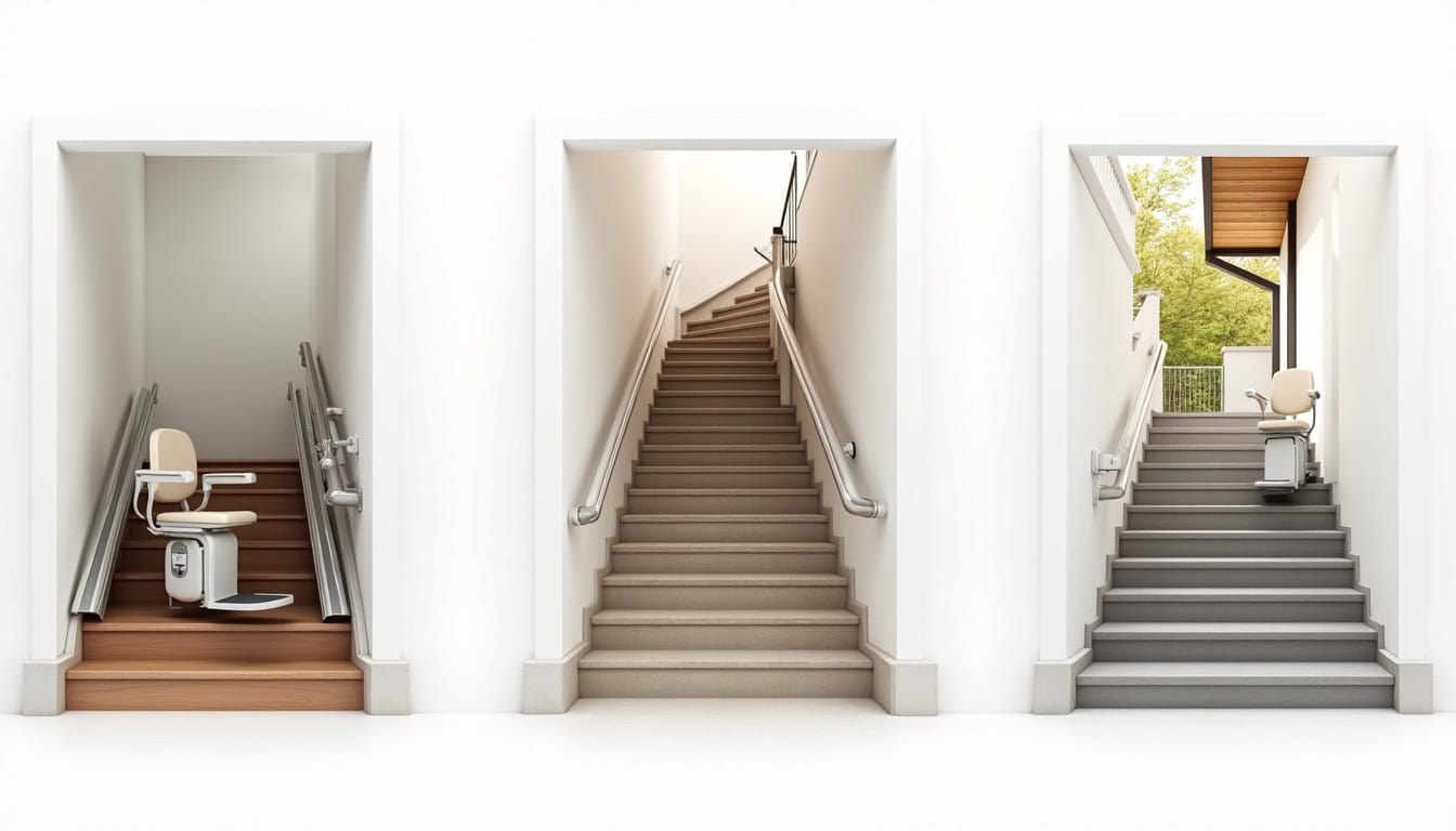 Différents types de monte-escaliers installés à Cinqueux: droit, tournant et extérieur