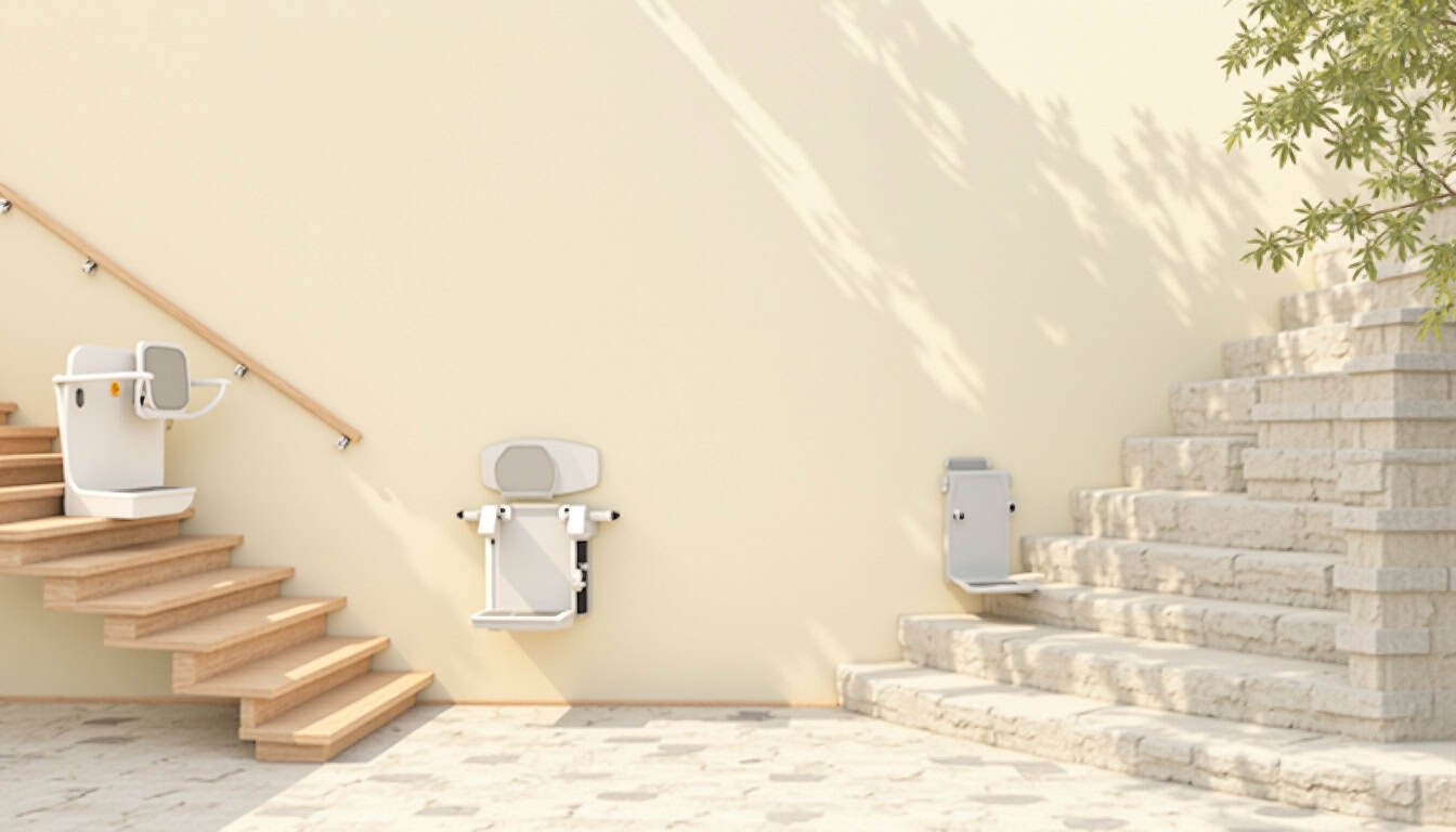 Différents types de monte-escaliers installés à Écueillé: droit, tournant, extérieur